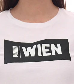 Fitnessmode & Jogginghosen|Tops & T-Shirts*PUMA City Damen Baumwoll-Shirt mit Wien Schriftzug Kurzarm-Shirt Rundhals-Shirt 575957 24 Weiß/Schwarz