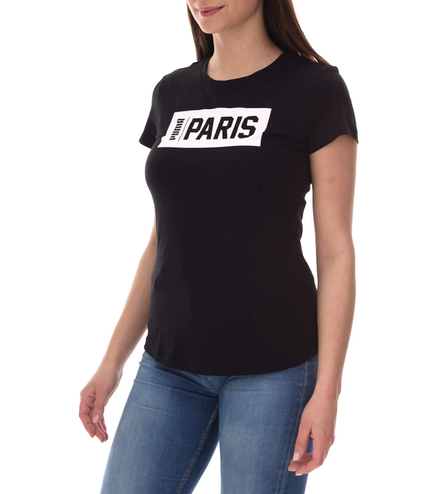 Fitnessmode & Jogginghosen|Tops & T-Shirts*PUMA City Damen Baumwoll-Shirt mit Paris Schriftzug Kurzarm-Shirt Rundhals-Shirt 575957 01 Schwarz/Weiß