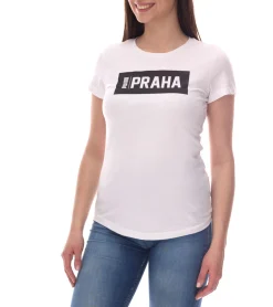 Fitnessmode & Jogginghosen|Tops & T-Shirts*PUMA City Damen Baumwoll-Shirt mit Praha/Prag Schriftzug Kurzarm-Shirt Rundhals-Shirt 575957 20 Weiß/Schwarz