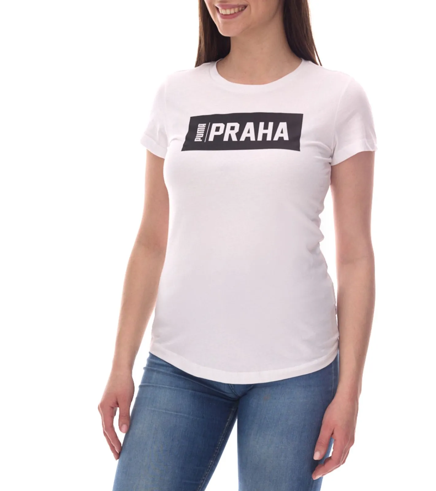 Fitnessmode & Jogginghosen|Tops & T-Shirts*PUMA City Damen Baumwoll-Shirt mit Praha/Prag Schriftzug Kurzarm-Shirt Rundhals-Shirt 575957 20 Weiß/Schwarz