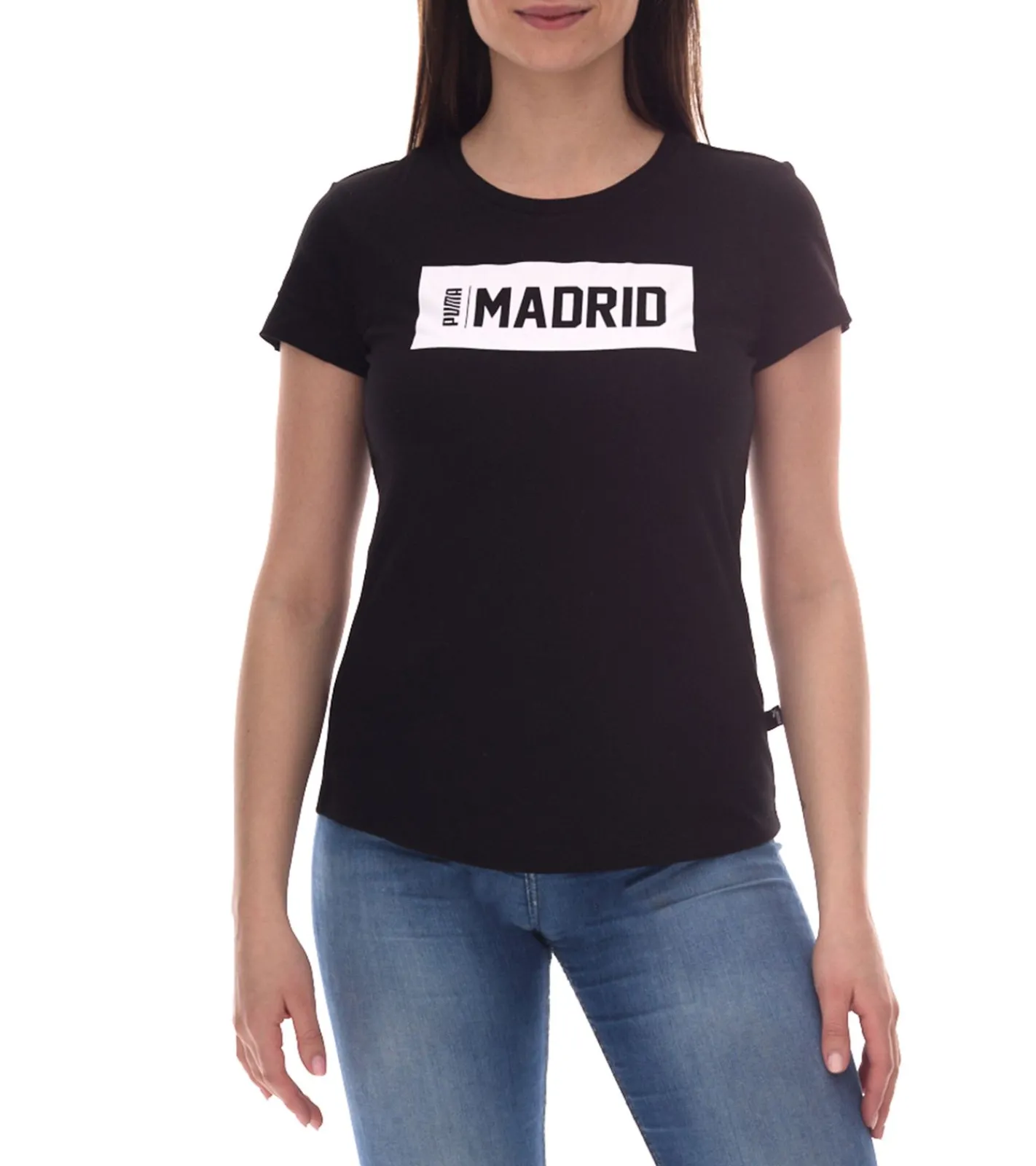 Fitnessmode & Jogginghosen|Tops & T-Shirts*PUMA City Damen Baumwoll-Shirt mit Madrid Schriftzug Kurzarm-Shirt Rundhals-Shirt 575957 15 Schwarz/Weiß