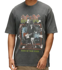 T-Shirts & Tank Tops*RE:COVERED X ACDC Herren T-Shirt Blow Up Your Video Baumwoll-Shirt mit großem Print Rundhals-Shirt RCPER889 Grau