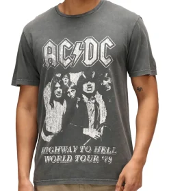 T-Shirts & Tank Tops*RE:COVERED X ACDC Herren T-Shirt Highway to Hell Welttournee Baumwoll-Shirt mit großem Print Rundhals-Shirt MMPER863 Grau