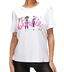 Tops & T-Shirts*RE:COVERED X Barbie Damen T-Shirt mit Barbie-Print Baumwoll-Shirt Rundhals RCBAR207 Weiß