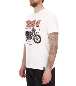 T-Shirts & Tank Tops*RE:COVERED X BSA Herren T-Shirt mit Birmingham Motorrad-Print Baumwoll-Shirt Rundhals-Shirt MMBSA296 Ecru-Weiß