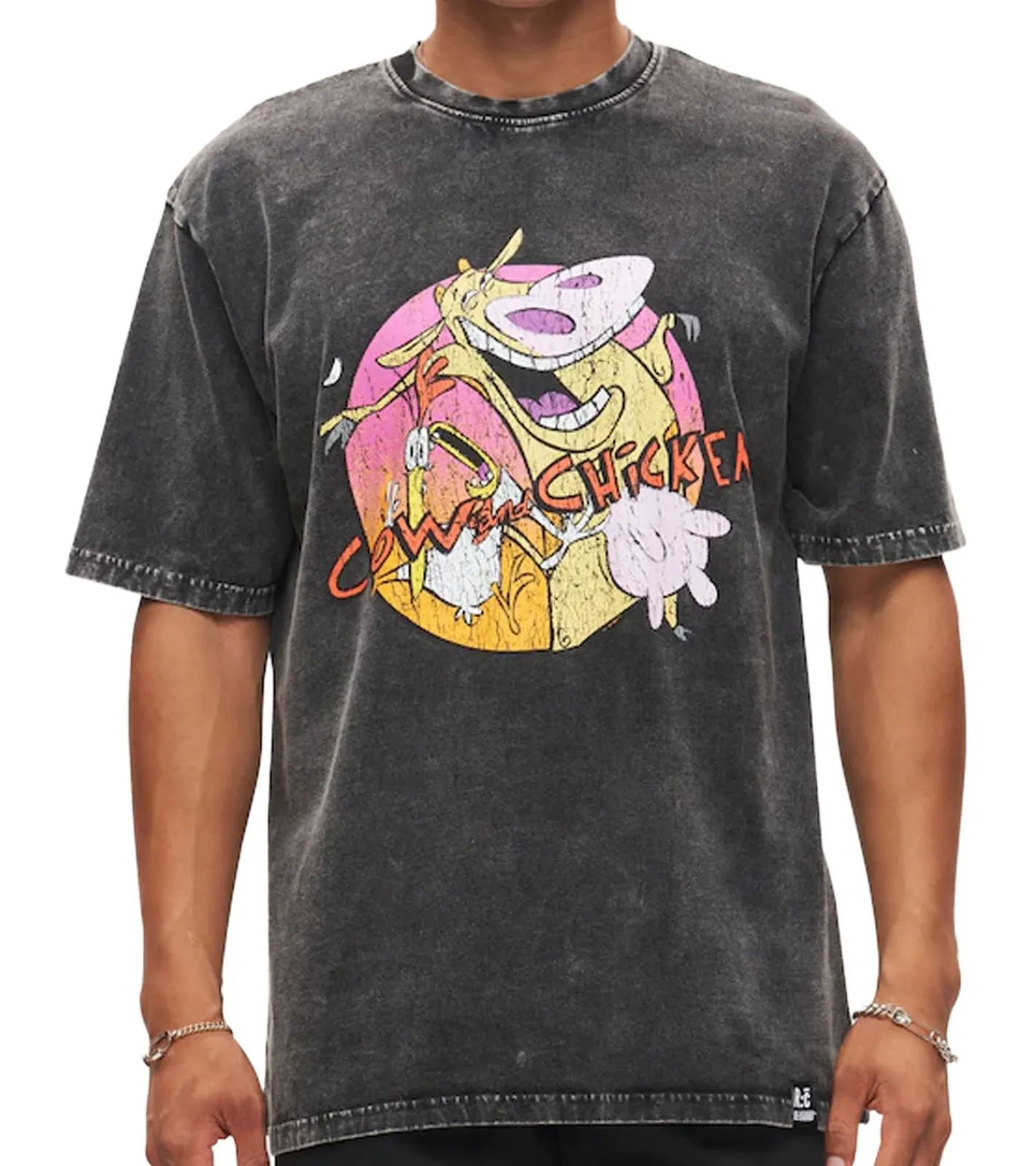 T-Shirts & Tank Tops*RE:COVERED X Cartoon Network Herren T-Shirt mit Cow & Chicken Print Baumwoll-Shirt Rundhals-Shirt RCWARN754 Grau