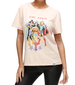 Tops & T-Shirts*RE:COVERED X DC Damen T-Shirt mit Girl Power Aufdruck Baumwoll-Shirt Rundhals-Shirt RCWARN614 Rosa