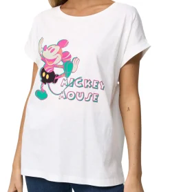 Tops & T-Shirts*RE:COVERED X Disney Damen T-Shirt mit Mickey Mouse Print Baumwoll-Shirt Rundhals-Shirt MMDIS2597 Wollweiß