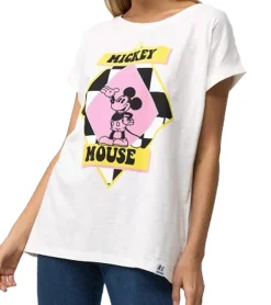 Tops & T-Shirts*RE:COVERED X Disney Damen T-Shirt mit Mickey Mouse Aufdruck Shirt Baumwoll-Shirt Rundhals-Shirt MMDIS2676 Ecru-Weiß