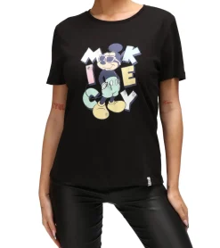 Tops & T-Shirts*RE:COVERED X Disney Damen T-Shirt mit Mickey Mouse Print in Pastelfarben Baumwoll-Shirt Rundhals-Shirt Kurzarm-Shirt RCDIF2070 Schwarz