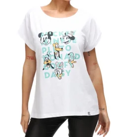 Tops & T-Shirts*RE:COVERED X Disney Damen T-Shirt mit Mickey Mouse and Friends Aufdruck Baumwoll-Shirt Rundhals-Shirt RCDIF2065 Weiß