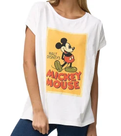 Tops & T-Shirts*RE:COVERED X Disney Damen T-Shirt mit Mickey Mouse Print Baumwoll-Shirt Rundhals-Shirt MMDIS2591 Wollweiß