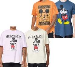 T-Shirts & Tank Tops*RE:COVERED X Disney Herren T-Shirt mit Grumpy Mickey Mouse Print Baumwoll-Shirt mit großem Schriftzug Rundhals-Shirt Beige, Blau, Violett oder Orange