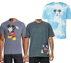 T-Shirts & Tank Tops*RE:COVERED X Disney Herren T-Shirt mit Mickey Mouse Print Baumwoll-Shirt im Batik Look Rundhals-Shirt Dunkelblau, Blau Batik oder Grau