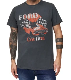 T-Shirts & Tank Tops*RE:COVERED X Ford Herren T-Shirt mit großem Cortina Auto-Print Baumwoll-Shirt Rundhals-Shirt MMFRDE396 Grau