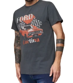 T-Shirts & Tank Tops*RE:COVERED X Ford Herren T-Shirt mit großem Cortina Auto-Print Baumwoll-Shirt Rundhals-Shirt MMFRDE396 Grau