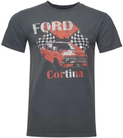 T-Shirts & Tank Tops*RE:COVERED X Ford Herren T-Shirt mit großem Cortina Auto-Print Baumwoll-Shirt Rundhals-Shirt MMFRDE396 Grau