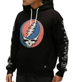 Pullover & Sweater*RE:COVERED X Grateful Dead Herren Kapuzen-Pullover mit Band Logo-Print Baumwoll-Hoody Langarm-Shirt RCWBROS170 Schwarz