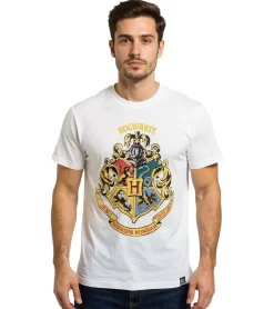 T-Shirts & Tank Tops*RE:COVERED X Harry Potter Herren T-Shirt Hogwarts House Crest Baumwoll-Shirt RCWIZ559 Ecru-Weiß