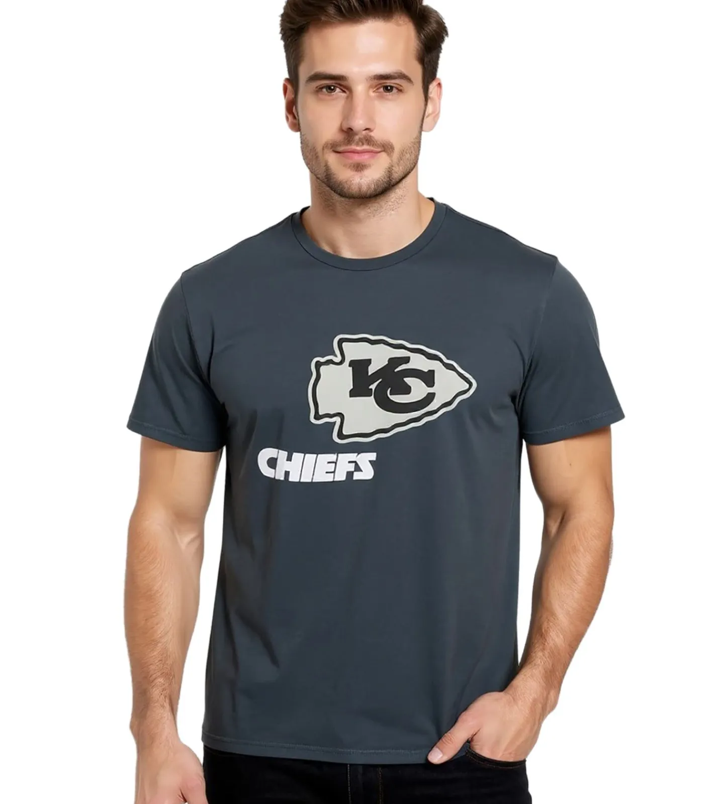 T-Shirts & Tank Tops*RE:COVERED X NFL Herren T-Shirt Kansas City Chiefs Logo-Schriftzug Baumwoll-Shirt Rundhals-Shirt RCNFL1317D Grau
