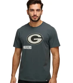 Große Größen|T-Shirts & Tank Tops*RE:COVERED X NFL Herren T-Shirt Green Bay Packers Logo-Schriftzug Baumwoll-Shirt Rundhals-Shirt RCNFL1317E Grau