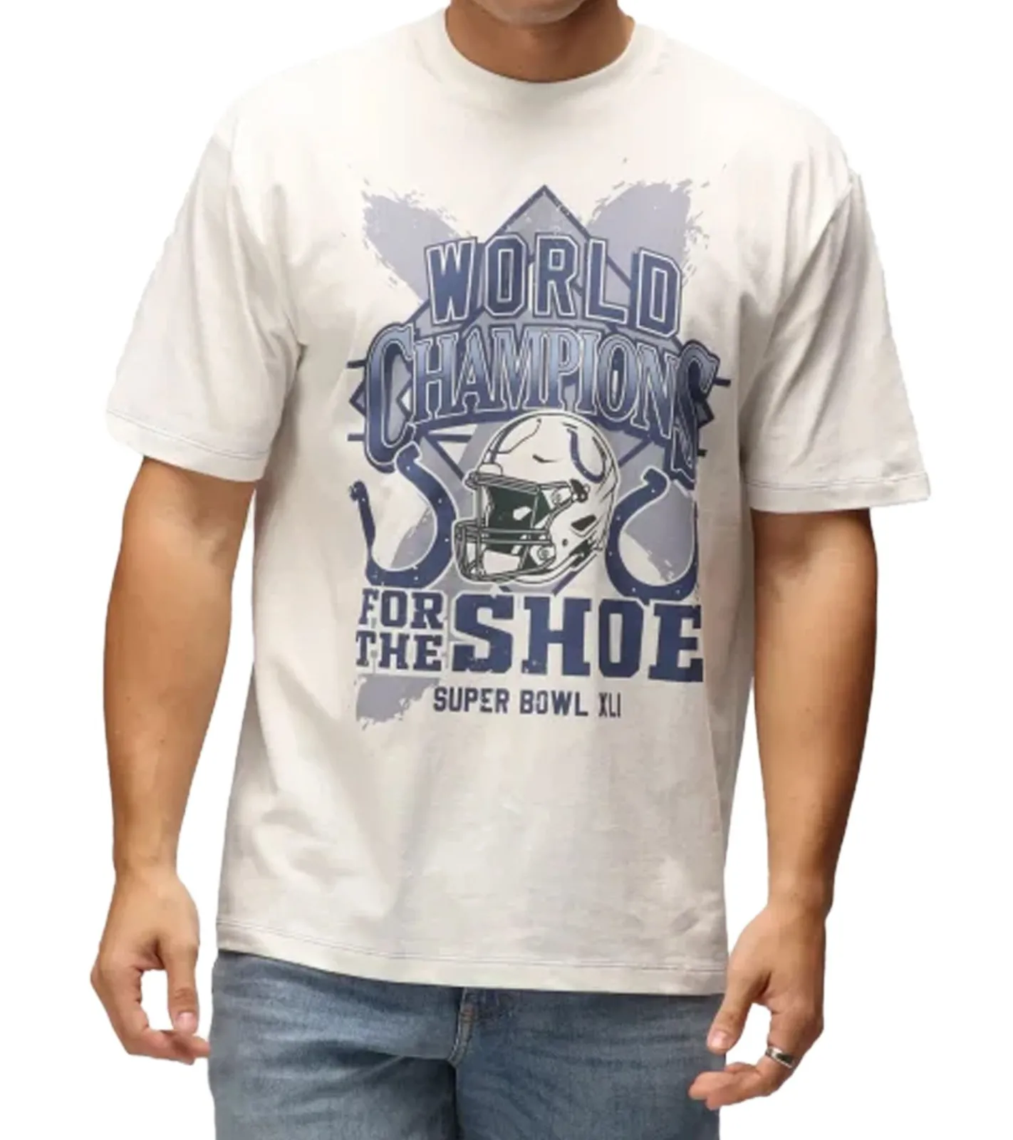 Große Größen|T-Shirts & Tank Tops*RE:COVERED X NFL Indianapolis Colts Herren T-Shirt mit World Champions-Print Baumwoll-Shirt RCNFL1560 Ecru-Weiß