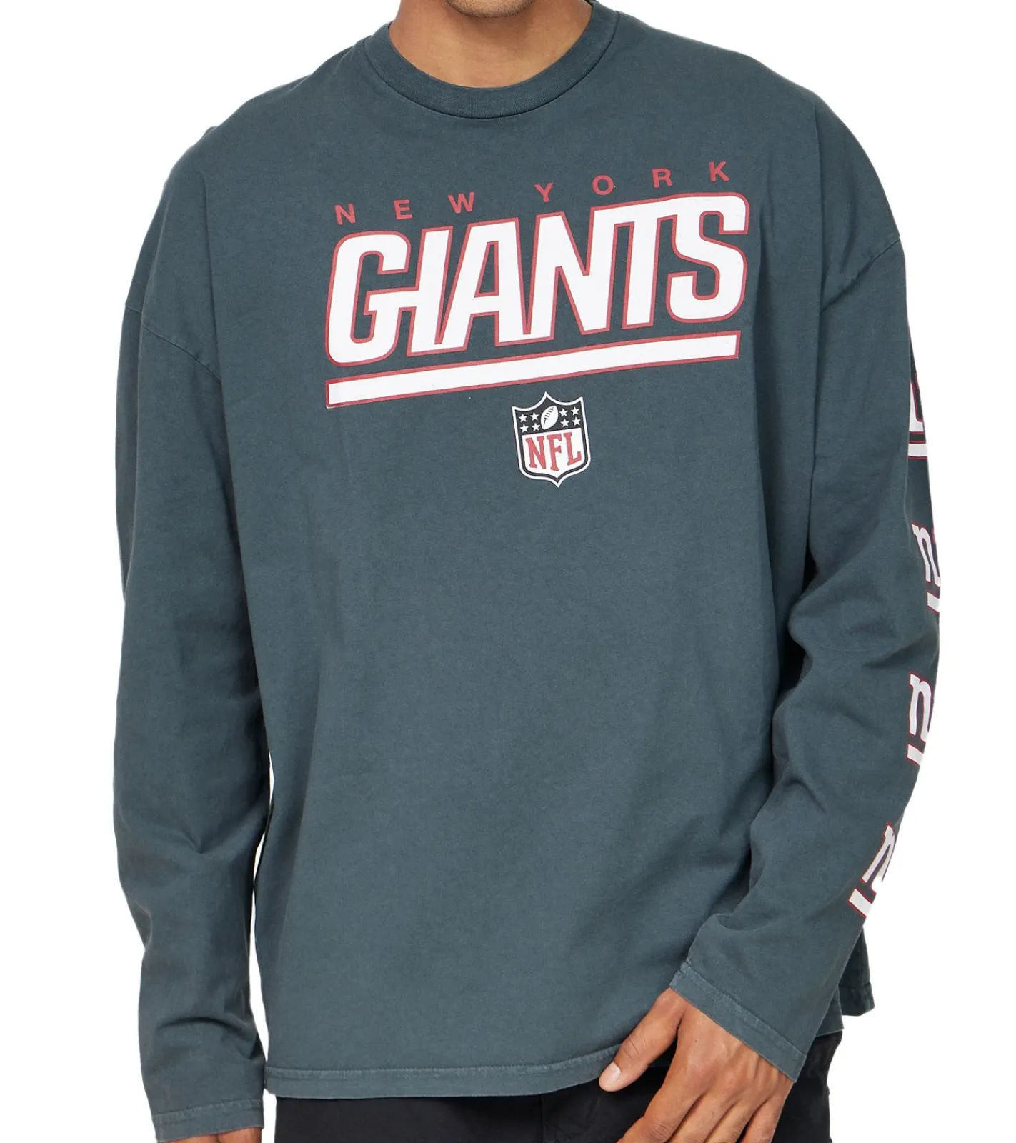 Pullover & Sweater*RE:COVERED X NFL New York Giants Herren Rundhals-Pullover mit Logo-Schriftzug Alltags-Sweater Baumwolle MMNFL1138 Grau
