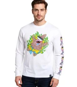 T-Shirts & Tank Tops|Pullover & Sweater*RE:COVERED X nickelodeon Herren Langarm-Shirt SpongeBob Schwammkopf Patrick Print Baumwoll-Pullover Rundhals-Shirt RCVCM687 Weiß