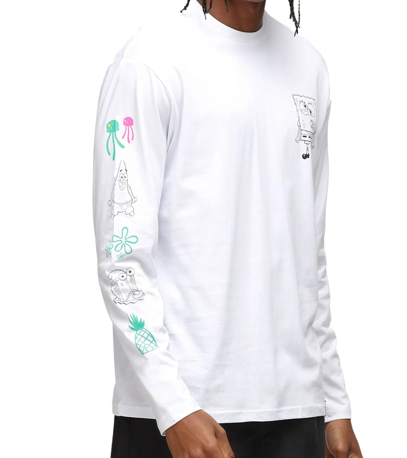 T-Shirts & Tank Tops|Pullover & Sweater*RE:COVERED X nickelodeon Herren Langarm-Shirt SpongeBob Schwammkopf Design Baumwoll-Pullover Rundhals-Shirt MMVCM199 Weiß