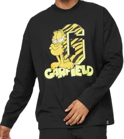T-Shirts & Tank Tops|Pullover & Sweater*RE:COVERED X nickelodeon Herren Rundhals-Shirt mit Garfield-Druck Baumwoll-Longsleeve MMNICK323 Schwarz