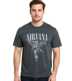 T-Shirts & Tank Tops*RE:COVERED X NIRVANA Herren T-Shirt One Tone Angel Baumwoll-Shirt mit großem Print Rundhals-Shirt RCMERCT167 Grau