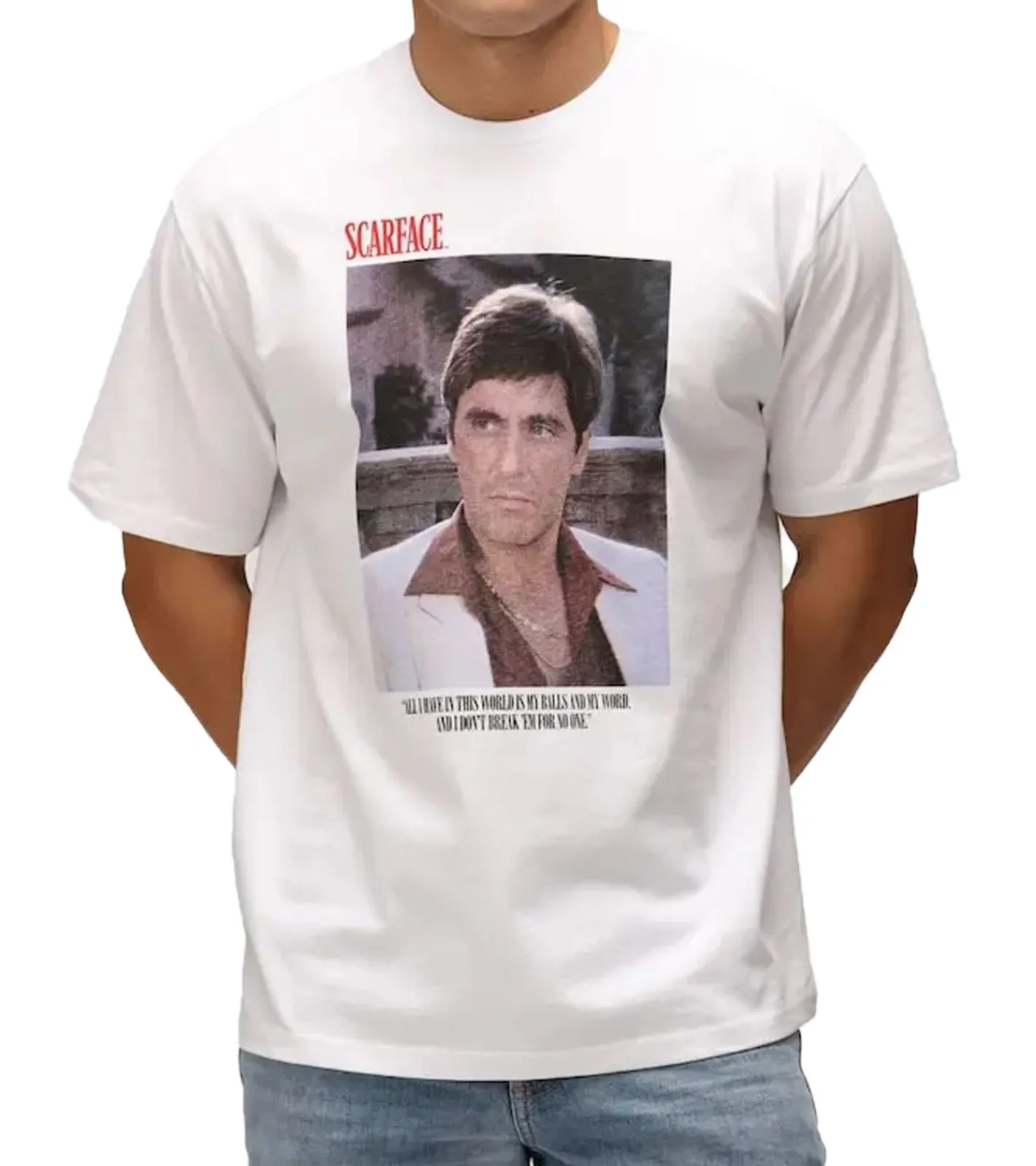T-Shirts & Tank Tops*RE:COVERED X Scarface Herren T-Shirt mit großem Foto-Print Rundhals-Shirt RCUNV2567 Weiß
