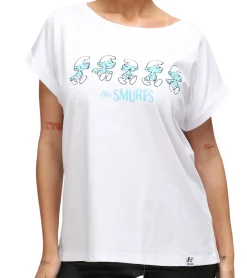 Tops & T-Shirts*RE:COVERED X Schlümpfe Damen T-Shirt mit Schlumpf Print Baumwoll-Shirt Boyfriend-Cut Rundhals-Shirt RCSMF116 Weiß