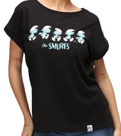 Tops & T-Shirts*RE:COVERED X Schlümpfe Damen T-Shirt mit Schlumpf Print Baumwoll-Shirt Boyfriend-Cut Rundhals-Shirt RCSMF117 Schwarz