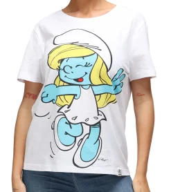 Tops & T-Shirts*RE:COVERED X Schlümpfe Damen T-Shirt mit Schlumpfine Print Baumwoll-Shirt Rundhals-Shirt RCSMF118 Weiß