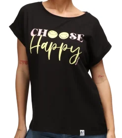 Tops & T-Shirts*RE:COVERED X Smileyworld Choose Happy Damen T-Shirt mit Smiley Print Baumwoll-Shirt Boyfriend-Cut Rundhals-Shirt RCSMLYWD459 Schwarz