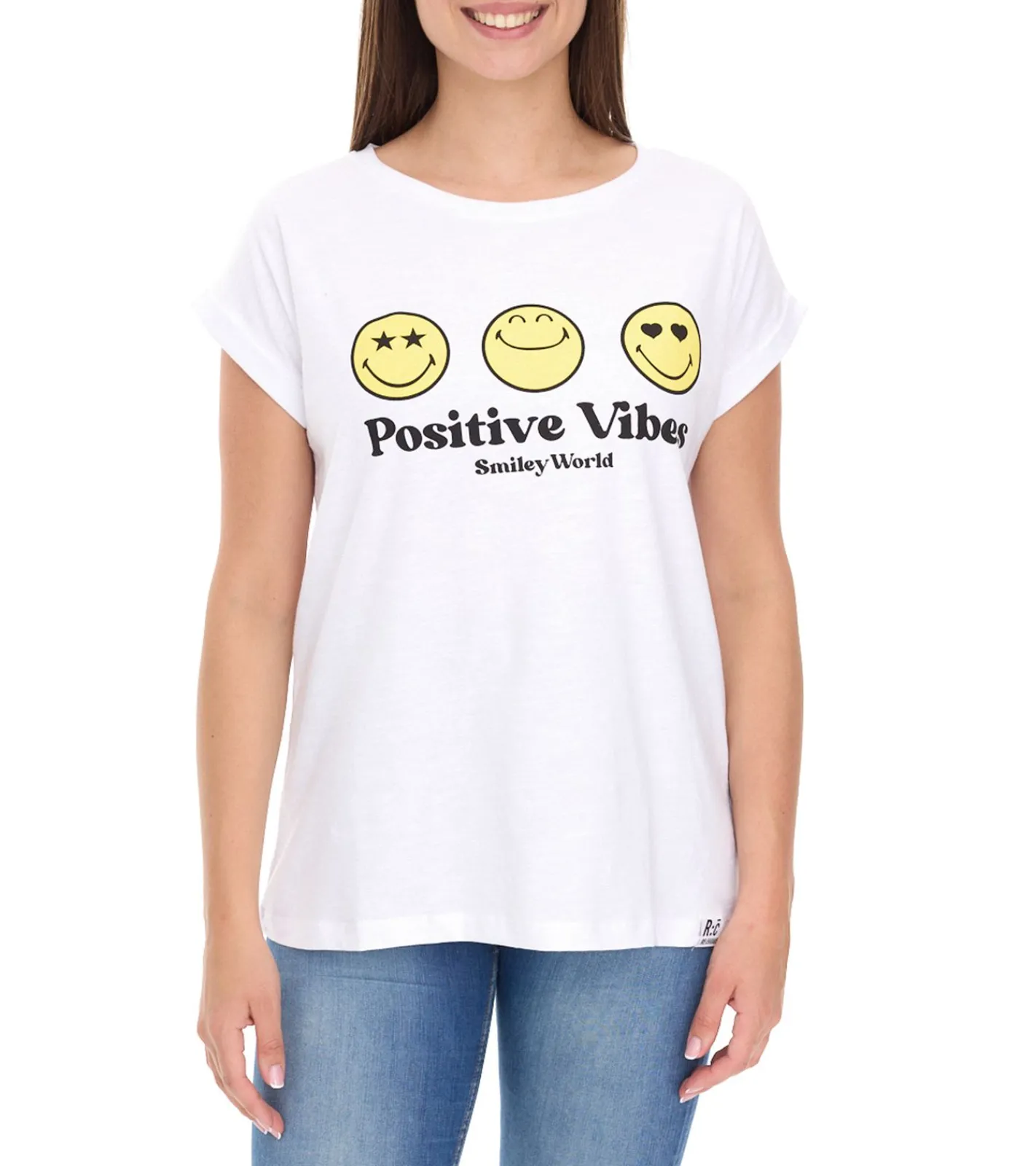 Tops & T-Shirts*RE:COVERED X Smileyworld Damen T-Shirt mit farbigen Smileys Baumwoll-Shirt Rundhals-Shirt RCSMLYWD460 Weiß