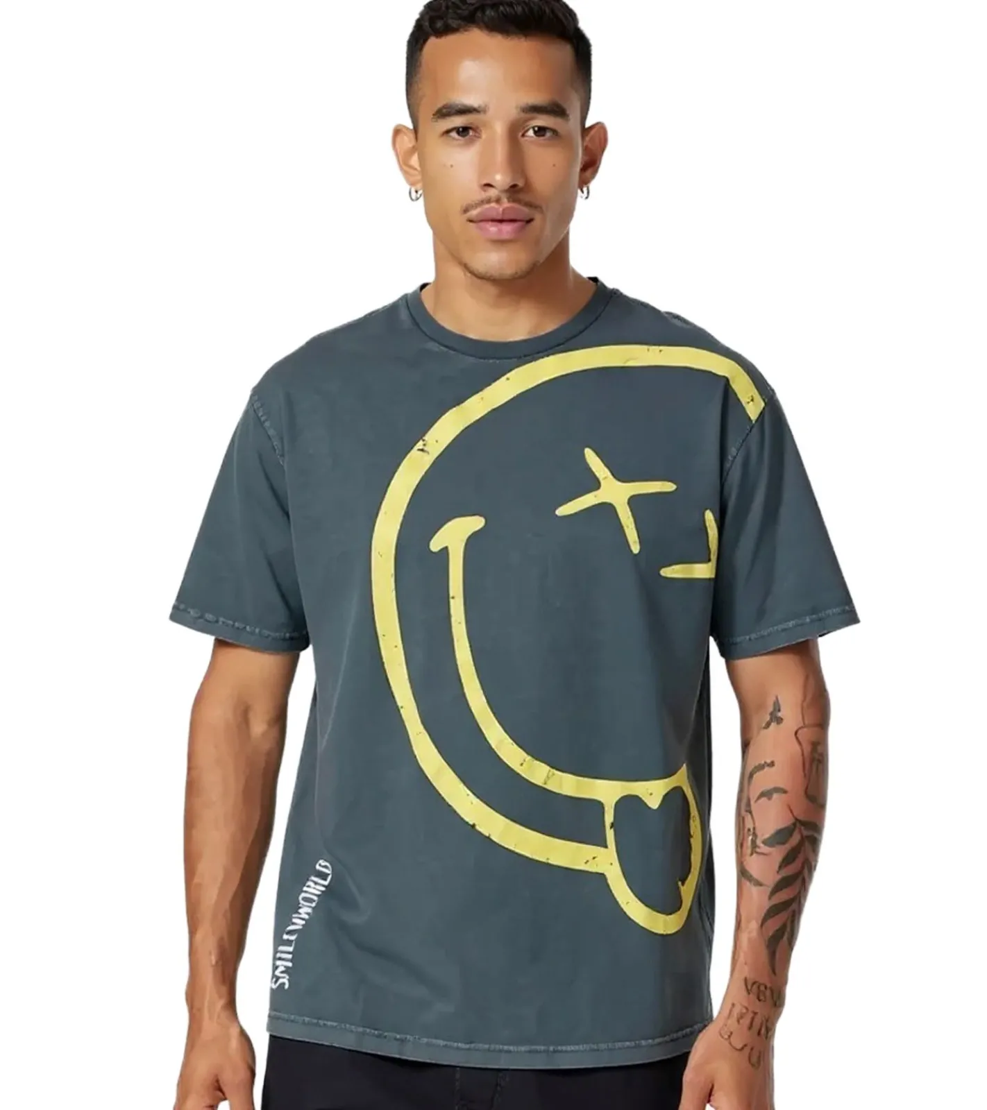 T-Shirts & Tank Tops*RE:COVERED X Smileyworld Herren T-Shirt mit Smiley Print Baumwoll-Shirt Rundhals-Shirt MMSMLYWD399 Grau