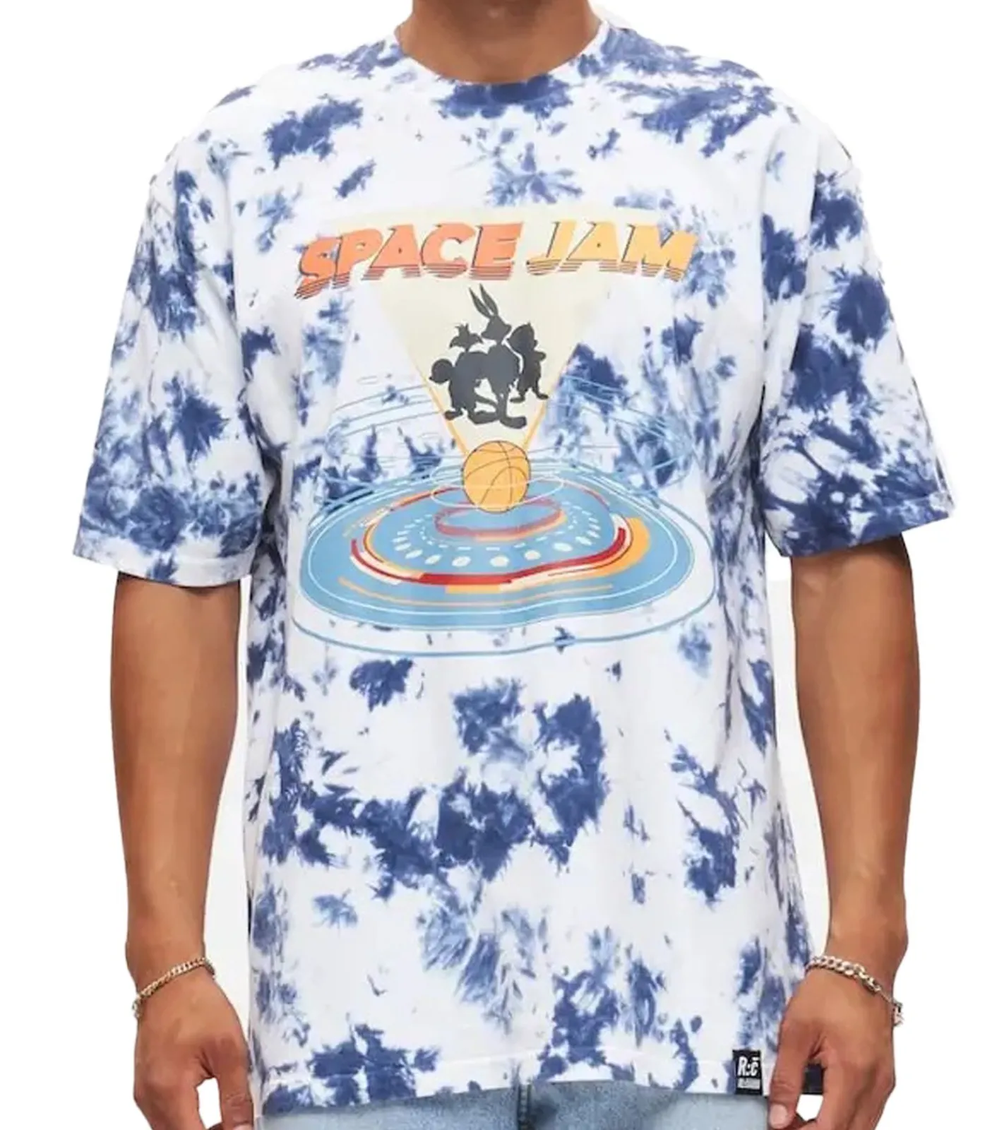 T-Shirts & Tank Tops*RE:COVERED X Space Jam Herren T-Shirt mit Front-Print im Batik Look Baumwoll-Shirt Rundhals-Shirt RCWARN751 Blau