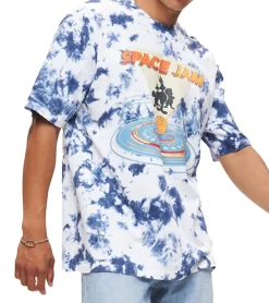 T-Shirts & Tank Tops*RE:COVERED X Space Jam Herren T-Shirt mit Front-Print im Batik Look Baumwoll-Shirt Rundhals-Shirt RCWARN751 Blau