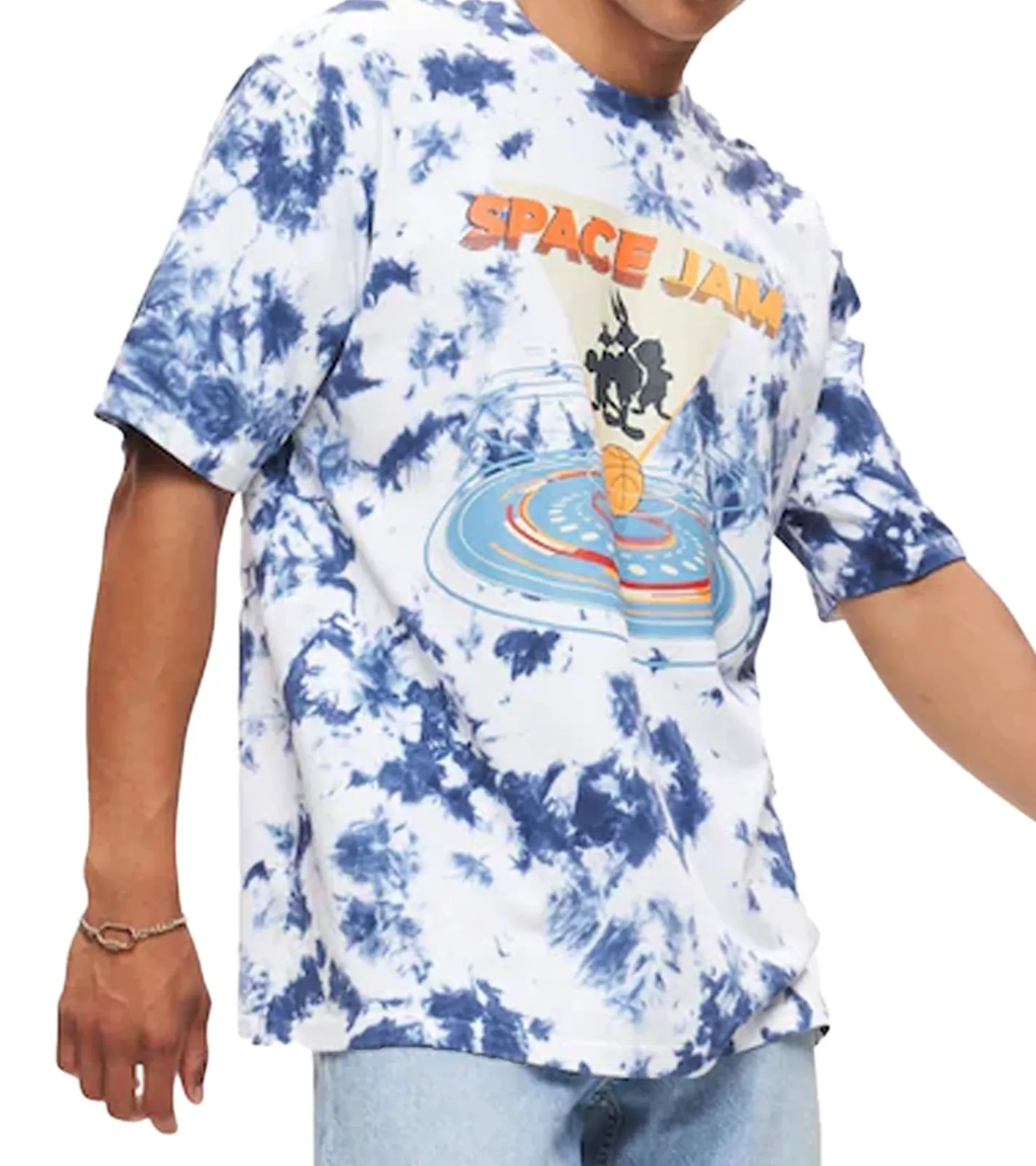 T-Shirts & Tank Tops*RE:COVERED X Space Jam Herren T-Shirt mit Front-Print im Batik Look Baumwoll-Shirt Rundhals-Shirt RCWARN751 Blau