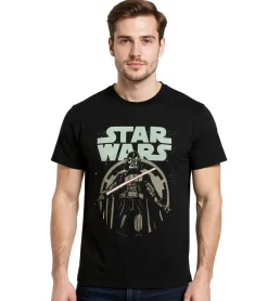 T-Shirts & Tank Tops*RE:COVERED X STAR WARS Herren T-Shirt Darth Vader Lichtschwert Print Baumwoll-Shirt Rundhals-Shirt RCDIF2043 Schwarz