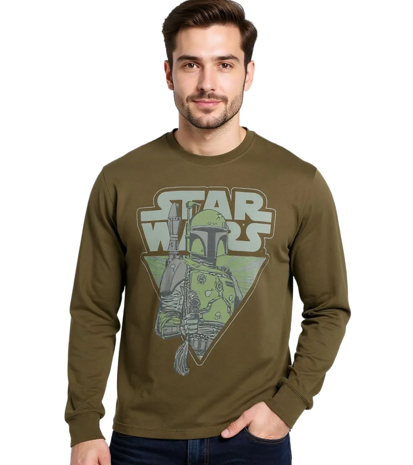 T-Shirts & Tank Tops|Pullover & Sweater*RE:COVERED X STAR WARS Herren Langarm-Shirt Mandalorian Print Baumwoll-Pullover Rundhals-Shirt RCDIF2046 Khaki