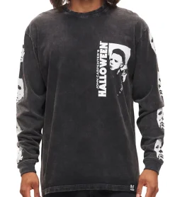 Pullover & Sweater*RE:COVERED X Studio Canal Halloween Herren Langarm-Shirt mit Vintage-Print Baumwoll-Longsleeve Pullover RCSTC116 verwaschenes Schwarz