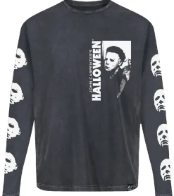 Pullover & Sweater*RE:COVERED X Studio Canal Halloween Herren Langarm-Shirt mit Vintage-Print Baumwoll-Longsleeve Pullover RCSTC116 verwaschenes Schwarz