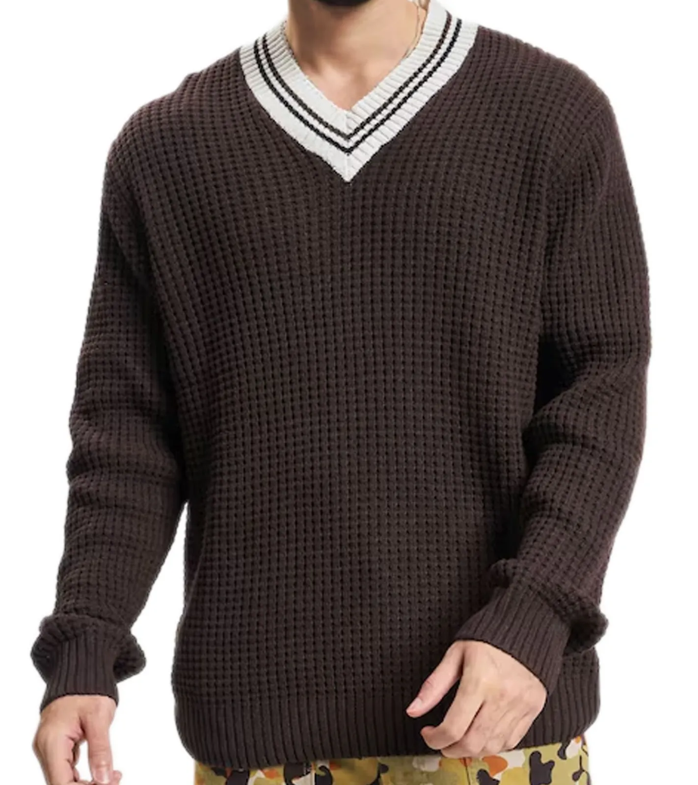 Pullover & Sweater*REDEFINED REBEL Cone Herren Baumwoll-Pulli Strick-Pullover Langarm-Shirt 212098 Dunkelbraun/Weiß