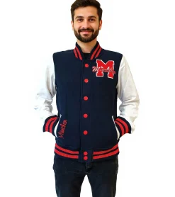 Große Größen|Pullover & Sweater*ROBIN RUTH München Herren College-Jacke mit Schriftzug Frühlings-Jacke mit Stickerei Übergangs-Jacke Sweat-Jacke Navy/Rot oder Schwarz/Gelb