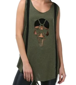 Tops & T-Shirts*ROCKUPY Alicya Damen Tank-Top mit Totenkopf-Ausschnitt Baumwoll-Shirt Sommer-Top mit Cut-Outs 366328 Khaki