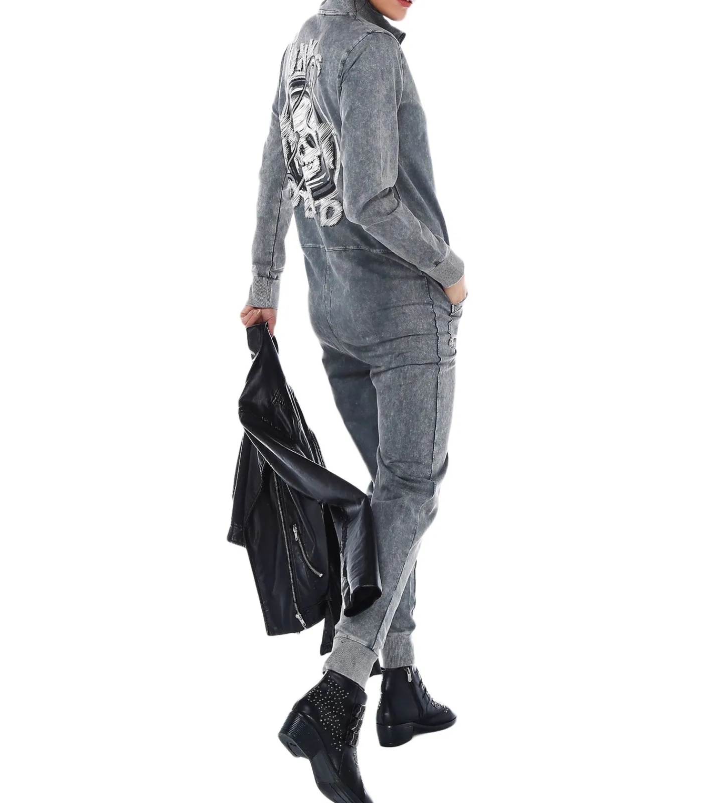 Jumpsuits*ROCKUPY Damen Jumpsuit einfarbiger oder gebatikter Overall mit Rücken-Print cooler Einteiler Onesie Grau oder Weinrot