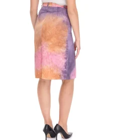 Röcke*ROCKUPY Damen Rock mit Batik-Muster farbenfroher Jeans-Rock gerader Sommer-Rock Midi-Rock mit Schlitz RPW20_040901 917 Violett/Orange/Pink